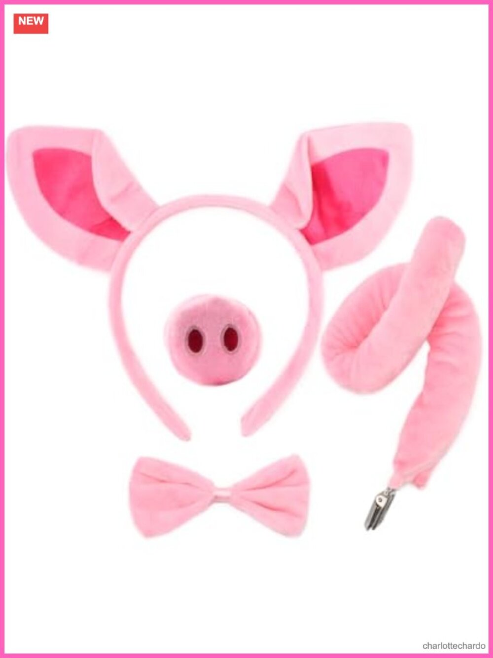 4 Piece Pig Ear Headband Nose Tail Bow Tie Set Plush Faux Fur Cosplay Halloween